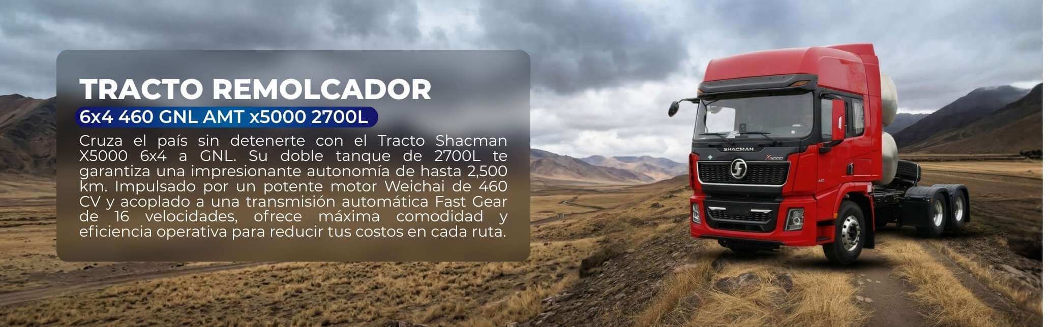 Tracto Remolcador Shacman X5000 6x4 a GNL de 2700L color rojo en camino de trocha