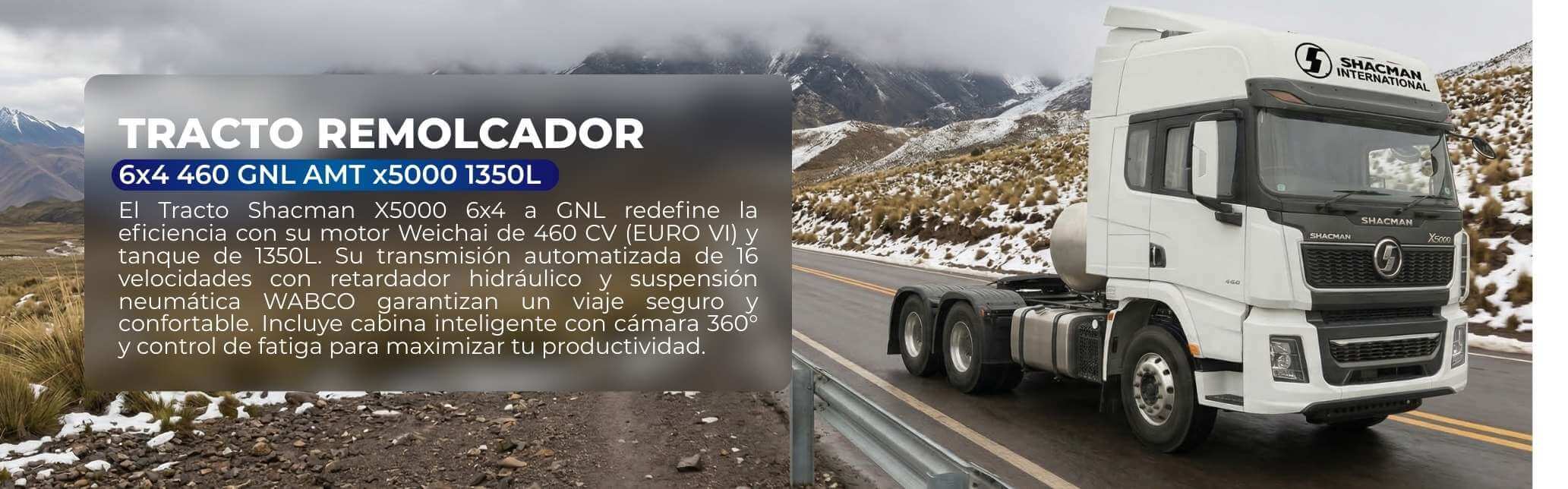 Tracto Remolcador Shacman X5000 6x4 a GNL de 1350L color blanco transitando por cordillera nevada