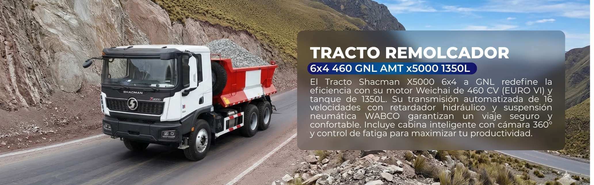 Camión Volquete Shacman X5000 a GNL color blanco con tolva roja operando en ruta de tierra